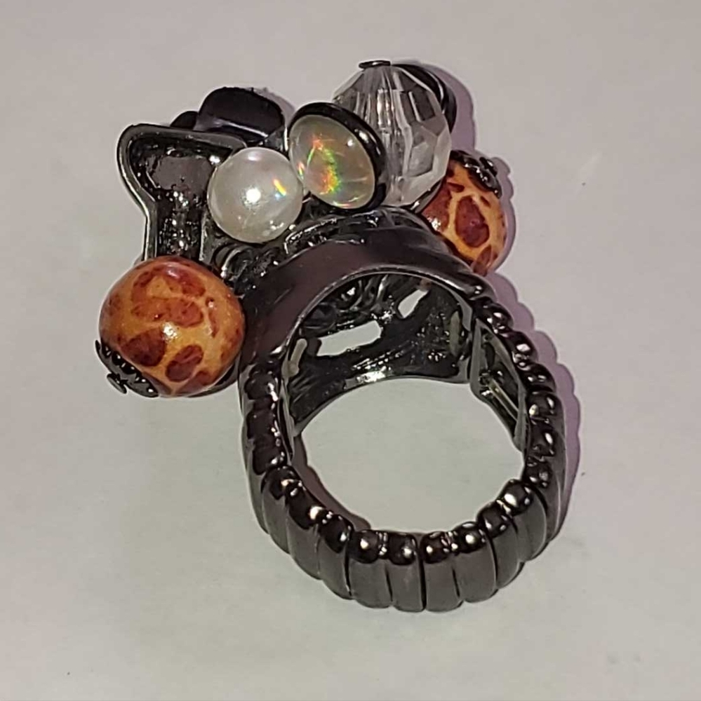 Chunky Beaded Black & Tan Fun Statement Ring Stretch